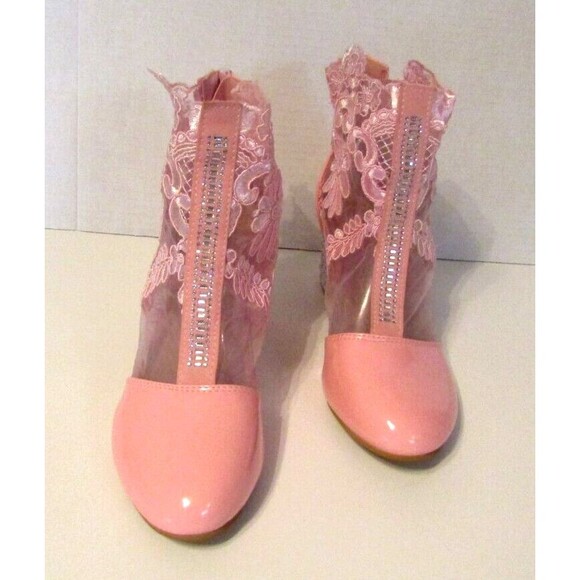Dodo Heels Patent Leather Pink Lace Ankle Shoes Flower Mesh Chunky Heels Size 9 - Picture 3 of 10